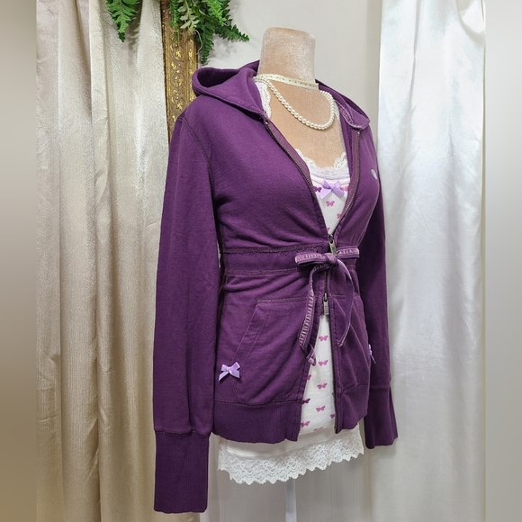 ♡ Y2K ♡ Aeropostale Purple Waist Tie Double Zip Hooded Babydoll Jacket Hoodie - Picture 4 of 9